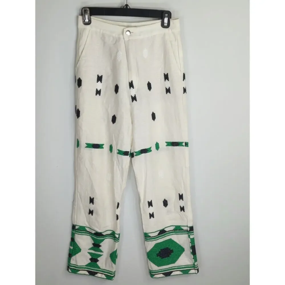Zara White‎ & Green Geometric Embroidered Linen Pants Small Coastal Bohemian